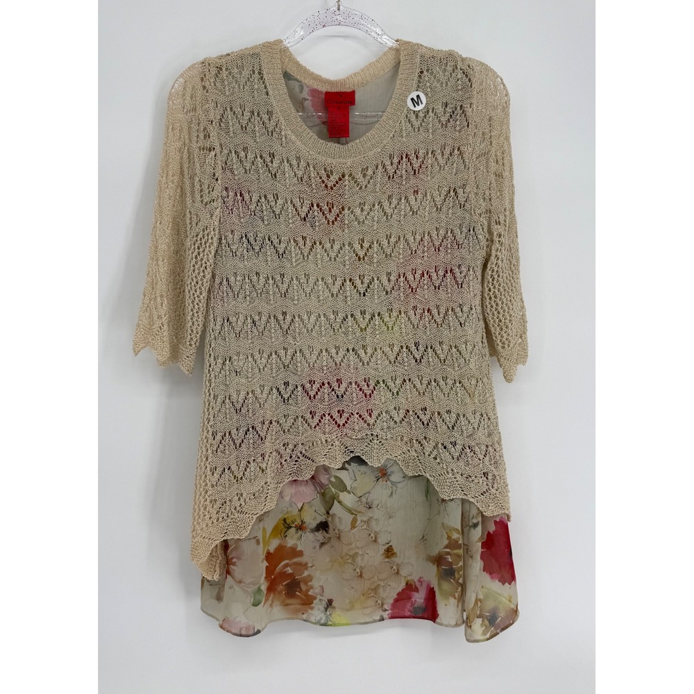V Cristina Womens Beige Crochet Layered Floral Top Keyhole‎ Back Sz M